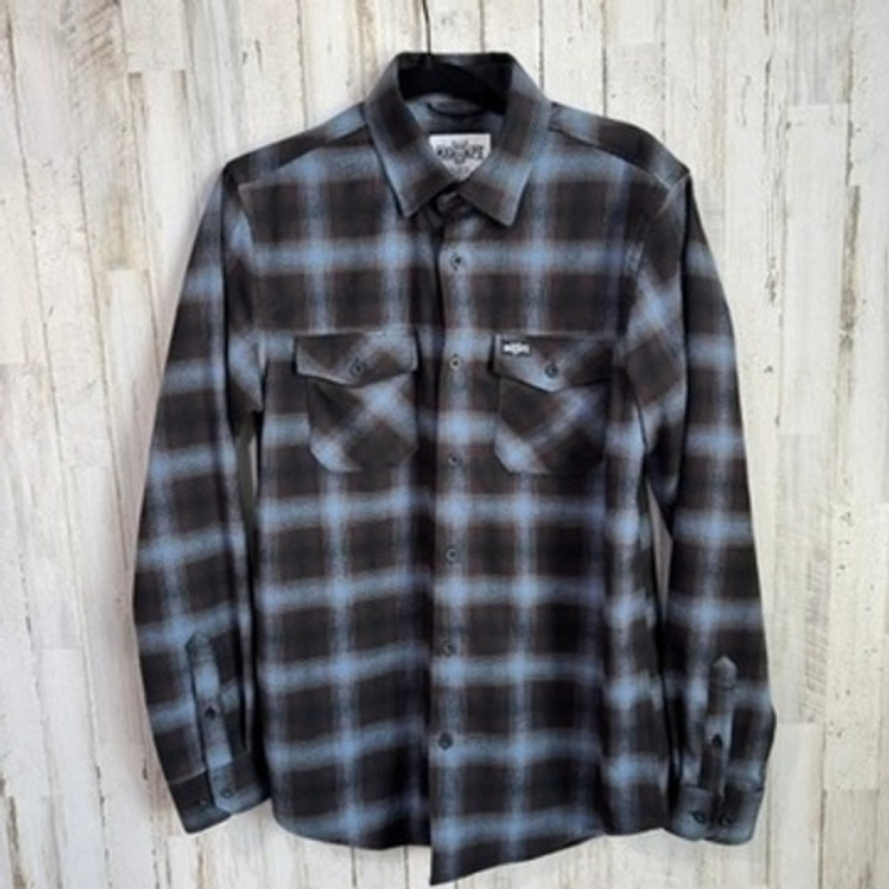 Mad Ape Flannel Shirt Mens M Blue Brown Plaid Button Down Stretch Skater Grunge